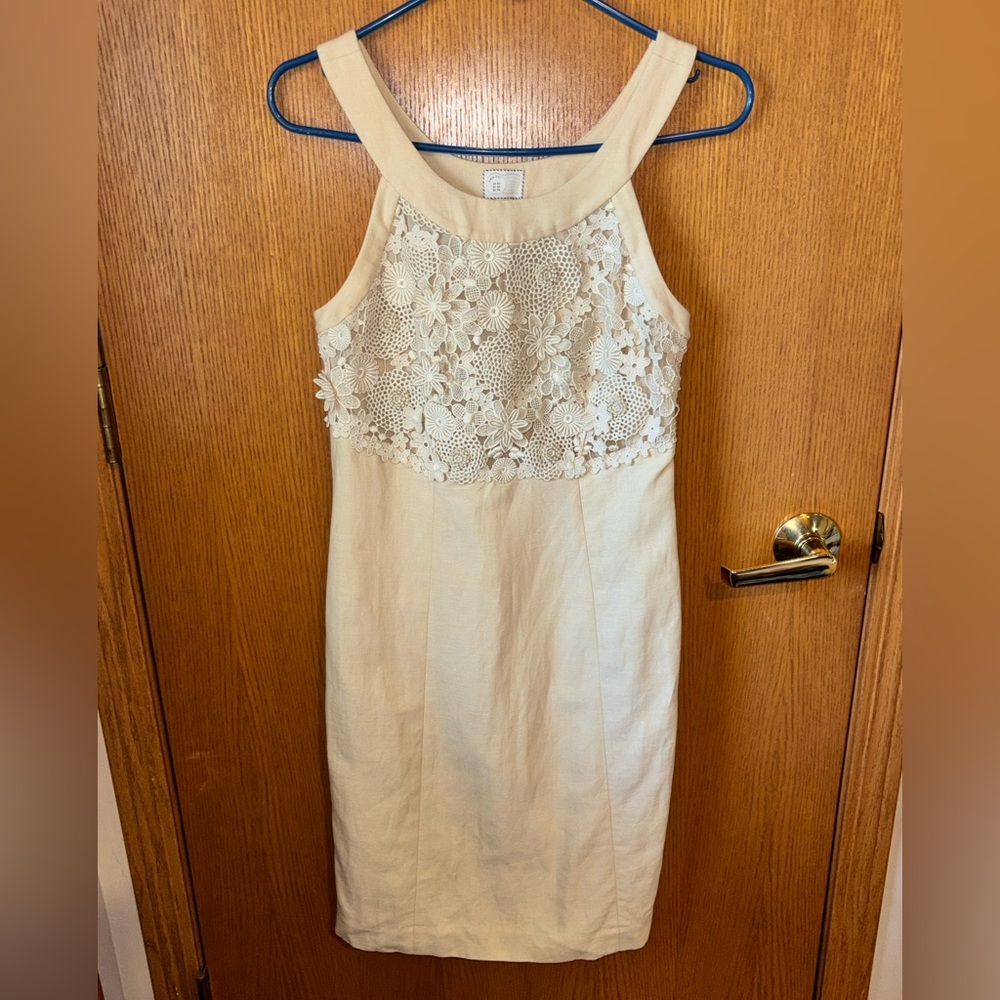 Postmark Anthropologie Openwork Floral Embroidered Dress Size 2 Linen Blend